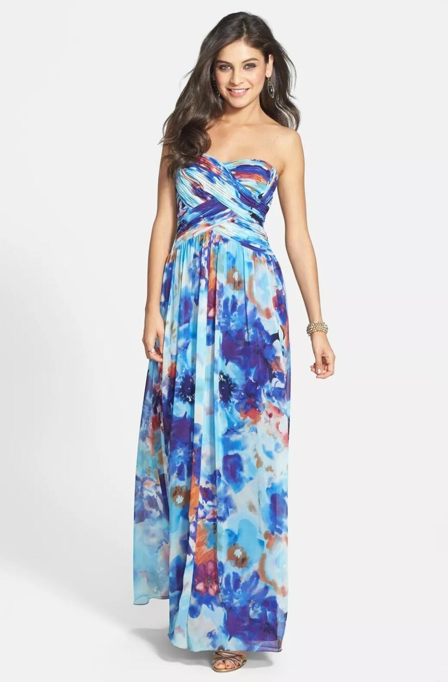 JS Boutique blue floral strapless chiffon gown Size Small Dopamine HOCO Artsy